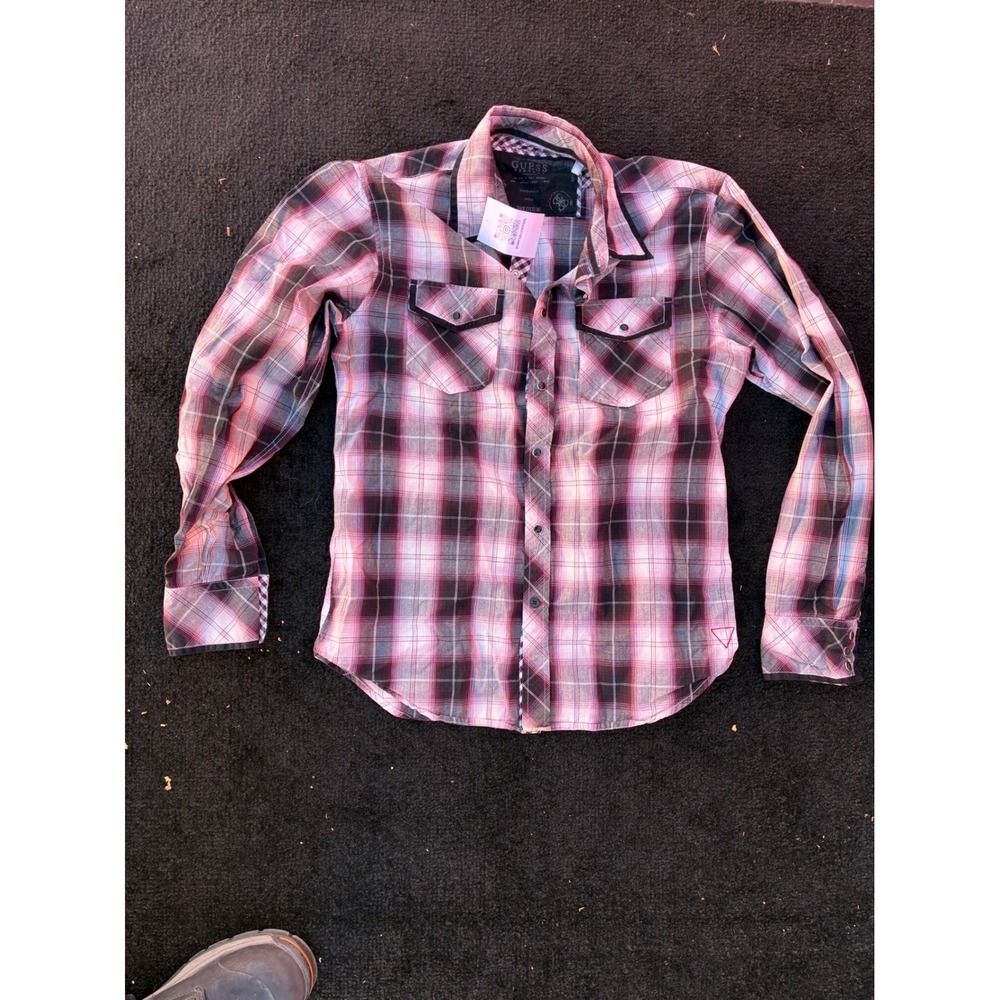 Guess Vintage Mens Medium Pink Black Plaid Western Snap Button Down Shirt